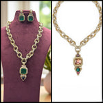 Designer Emerald Green Pendant Necklace Set with Gold-Toned Chain Links & Earrings – Luxury Statement Jewelry