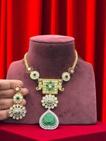 Heritage Temple-Style Necklace Set with Carved Green Stone Pendant & Statement Earrings – Antique Gold Bridal Jewelry
