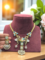 Multicolor Peacock & Floral Temple Necklace Set with Green and White Stone Earrings