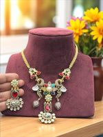 Multicolor Peacock & Floral Temple Necklace Set with Green and White Stone Earrings