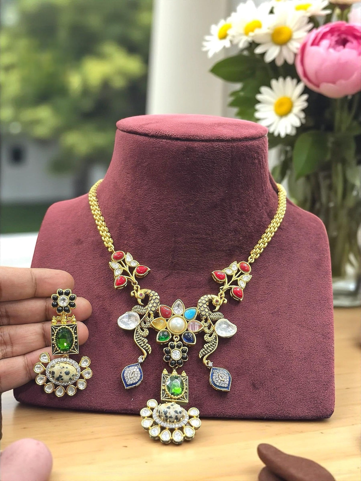 Multicolor Peacock & Floral Temple Necklace Set with Green and White Stone Earrings