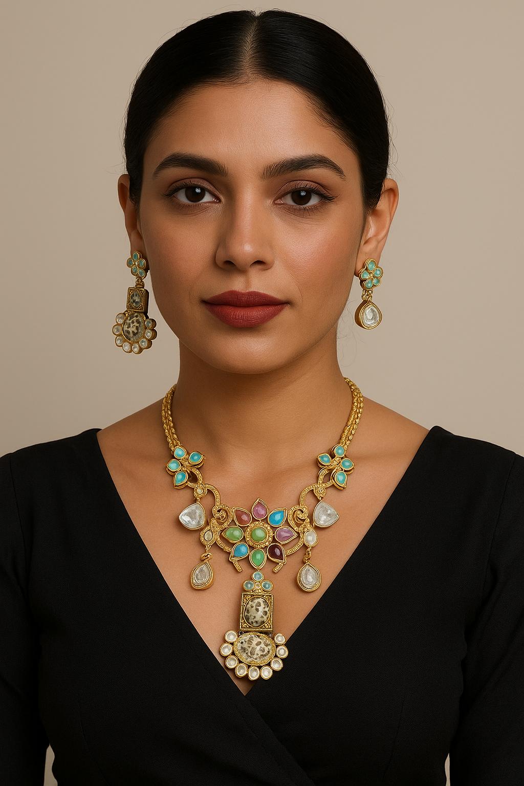 Multicolor Peacock & Floral Temple Necklace Set with Green and White Stone Earrings