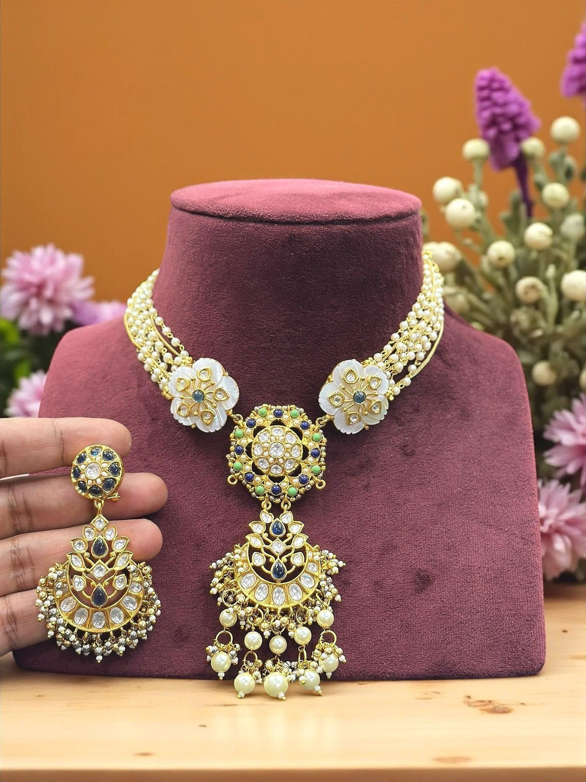 Traditional Kundan Polki & Pearl Choker Necklace Set with Emerald & Ruby Accents