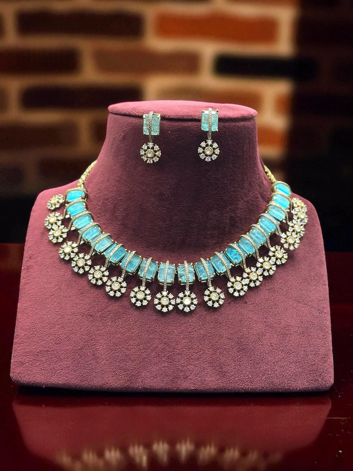 Rose, Blue & Green Stone Gold Plated Necklace & Earring Set