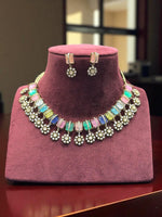 Rose, Blue & Green Stone Gold Plated Necklace & Earring Set