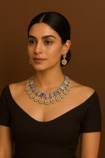 Rose, Blue & Green Stone Gold Plated Necklace & Earring Set