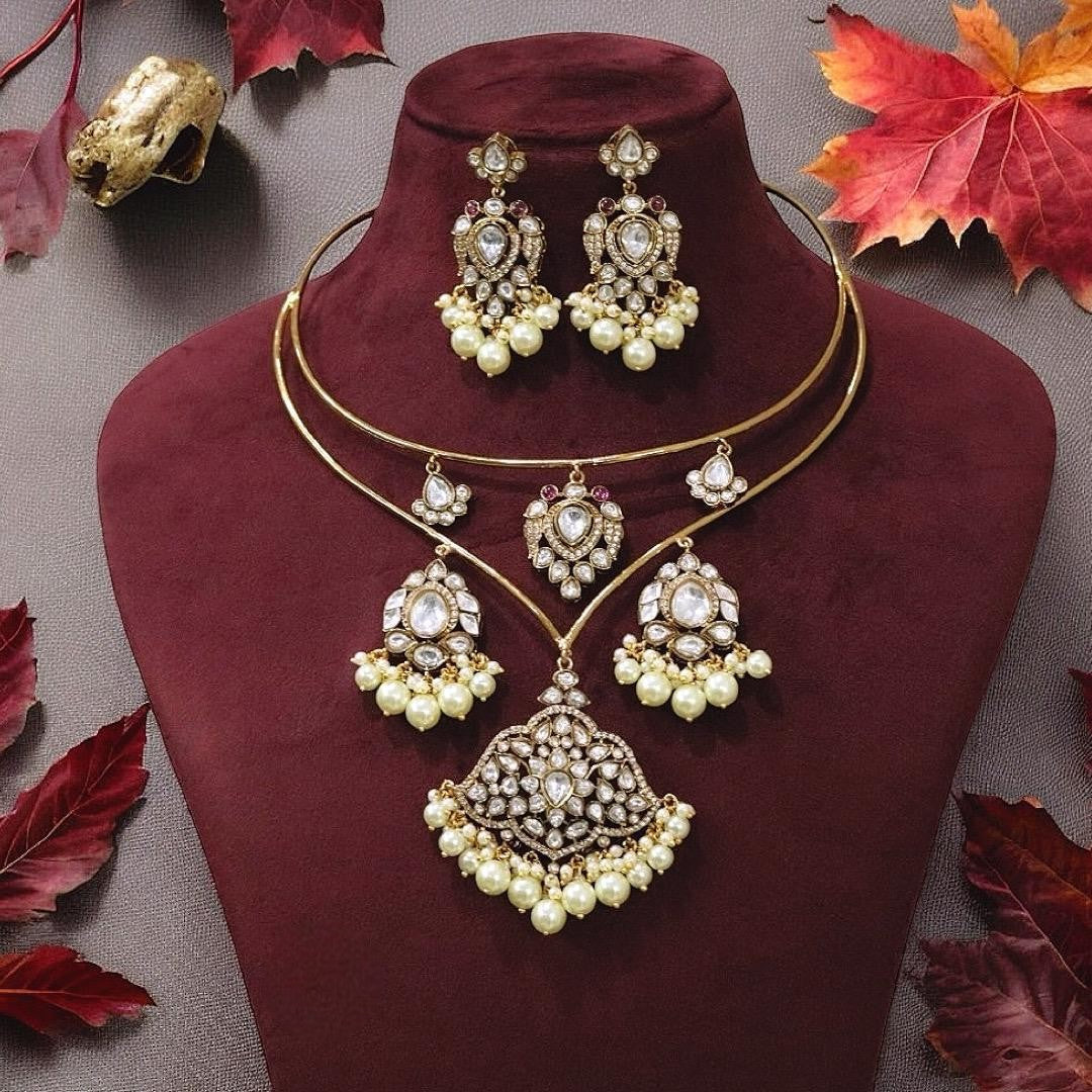 Traditional Polki & Pearl Gold Tone Choker Necklace Set