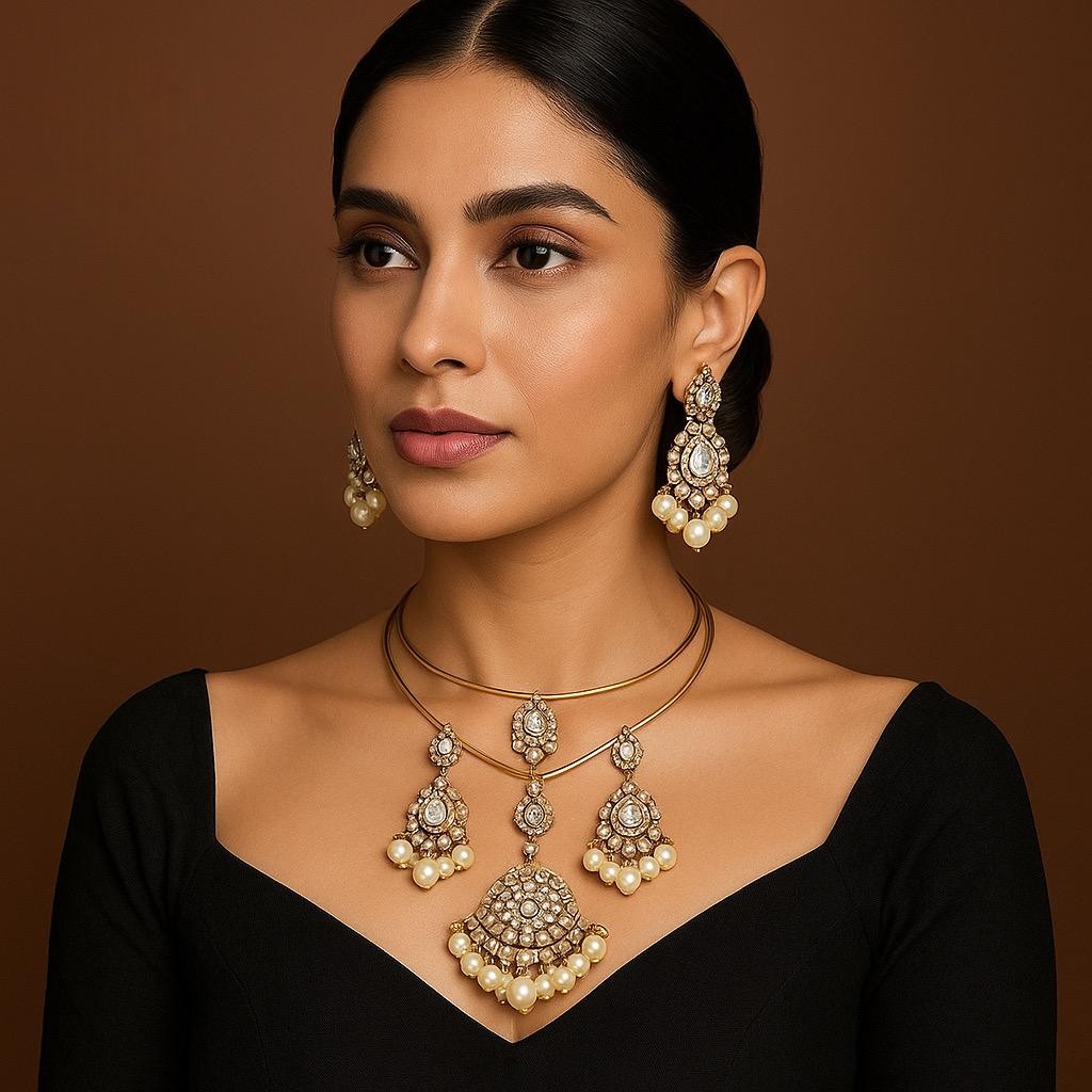 Traditional Polki & Pearl Gold Tone Choker Necklace Set