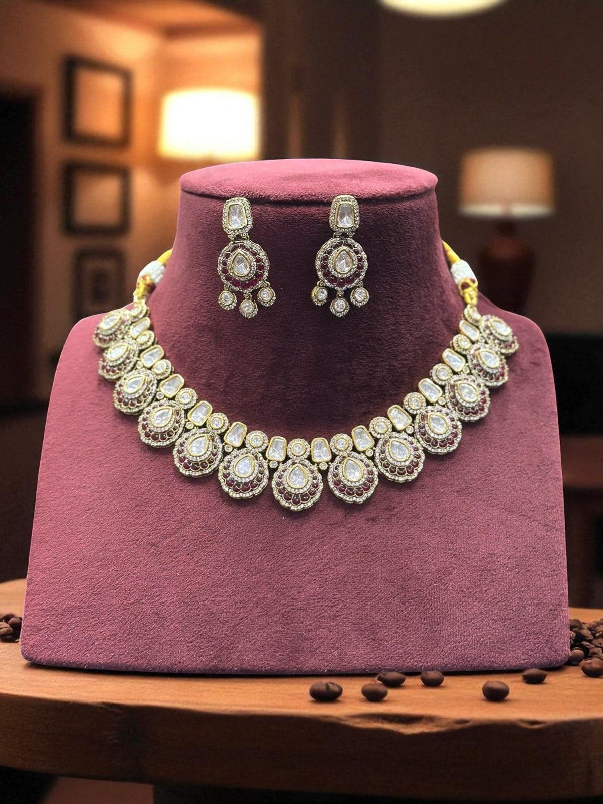 Handcrafted Kundan & Subtle Green Stone Embellished Necklace with Earrings