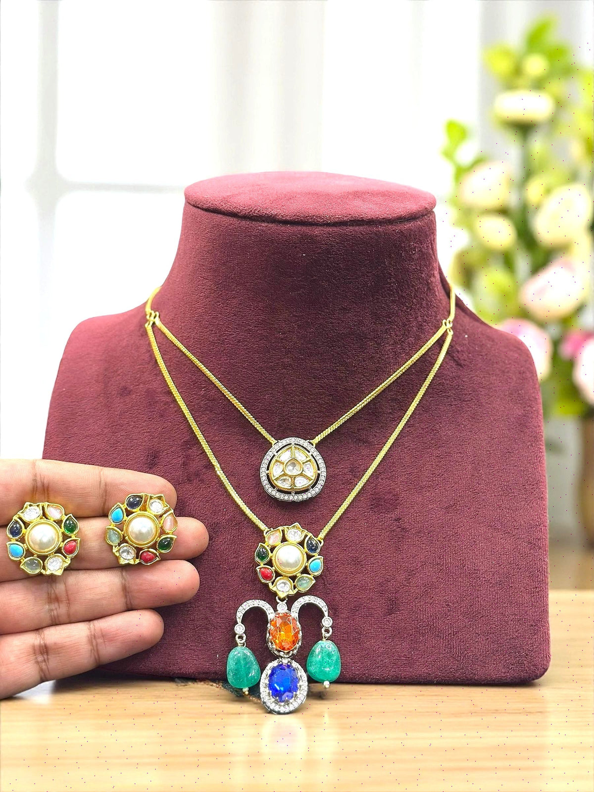 Navratna CZ Kundan Dual Layer Pendant Set with Earrings Gold Finish Multicolor Statement Jewelry