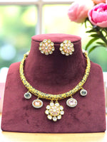 Antique Gold Floral Kundan Pendant Necklace Set with Stud Earrings Traditional Designer Jewelry