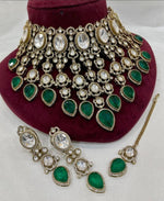 Grand Emerald Green Kundan Choker Necklace Set with Earrings & Maang Tikka Bridal Polki Jewelry