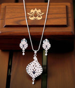 Elegant Silver Crystal Leaf Pendant Necklace Set with Matching Drop Earrings Party & Festive Wear