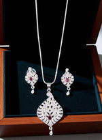 Elegant Silver Crystal Leaf Pendant Necklace Set with Matching Drop Earrings Party & Festive Wear