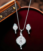 Elegant Silver Crystal Leaf Pendant Necklace Set with Matching Drop Earrings Party & Festive Wear