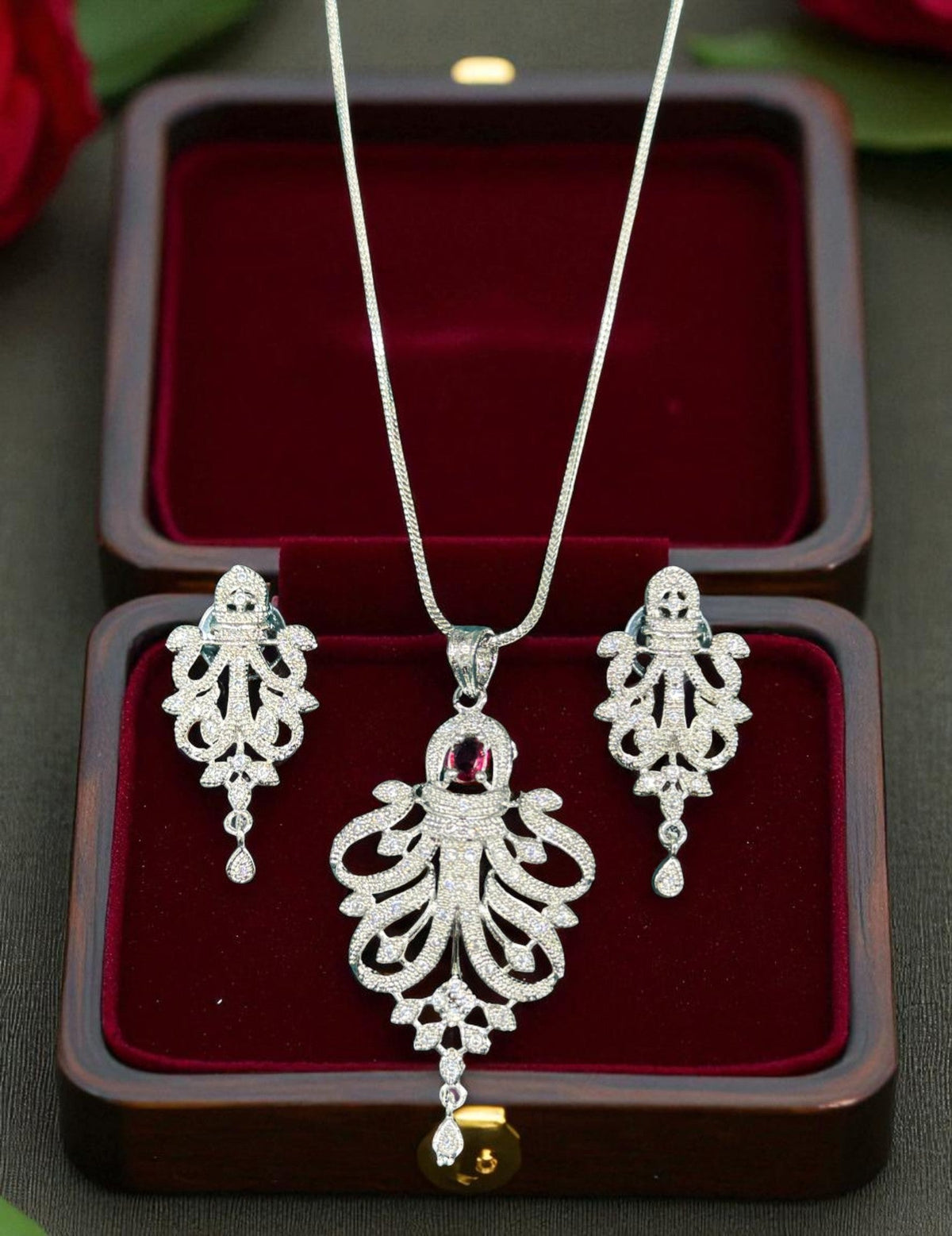Royal Emerald Stone Silver Plated Necklace Set with Intricate Drop Earrings Bridal & Festive Jewelry