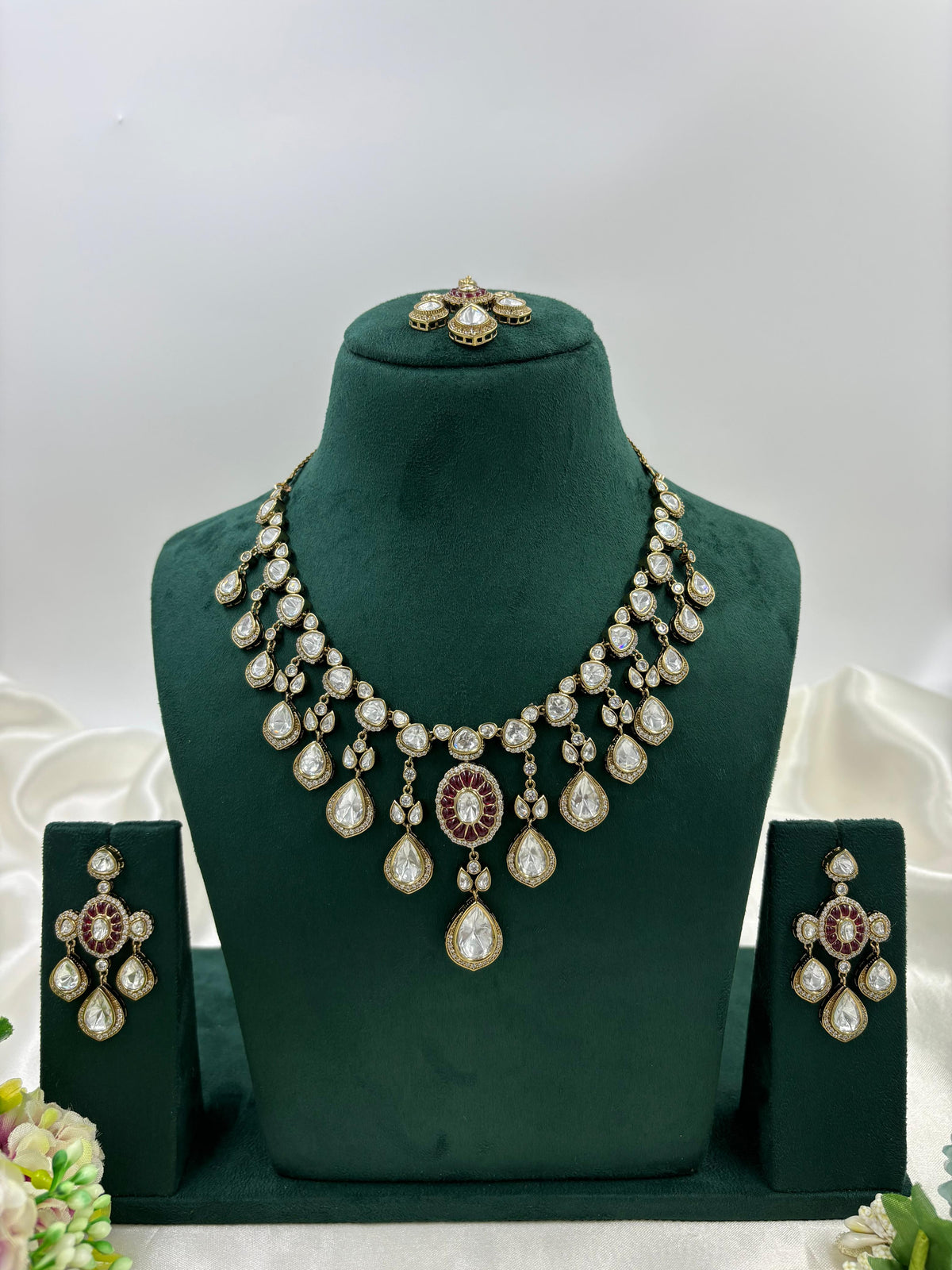 Elegant Polki Teardrop Bridal Necklace Set with Matching Earrings & Maang Tikka Antique Gold Finish
