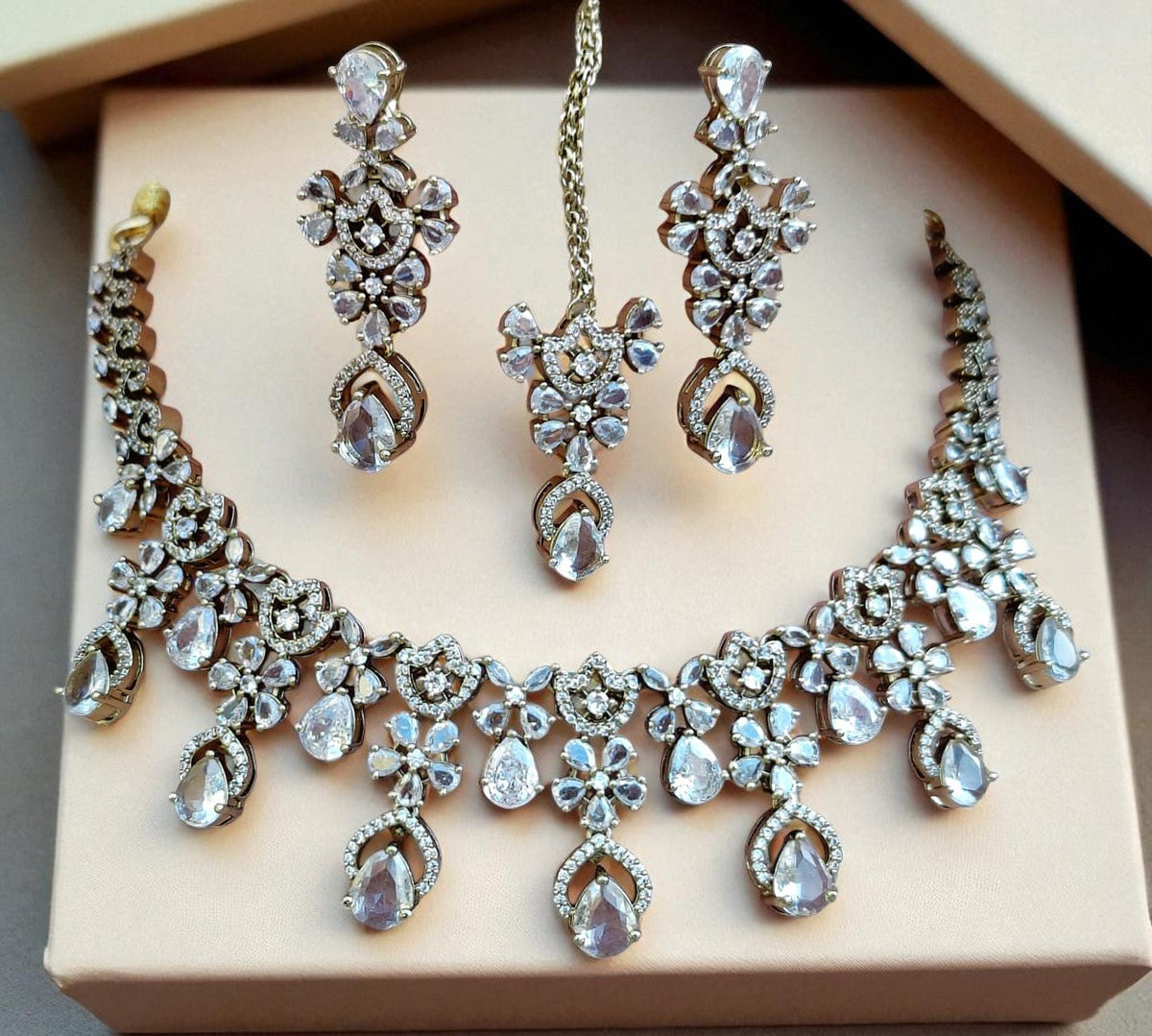 Designer Ruby & Diamond Choker Necklace Set with Earrings and Maang Tikka