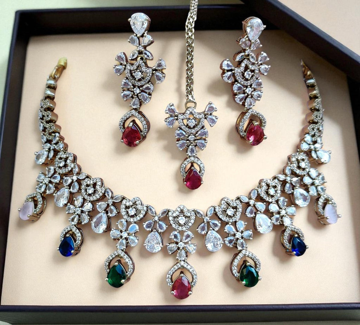 Designer Ruby & Diamond Choker Necklace Set with Earrings and Maang Tikka