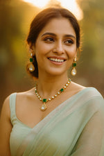 Green Kundan Necklace Set with Earrings | Gold Plated Bridal Jewelry for Women & Girls