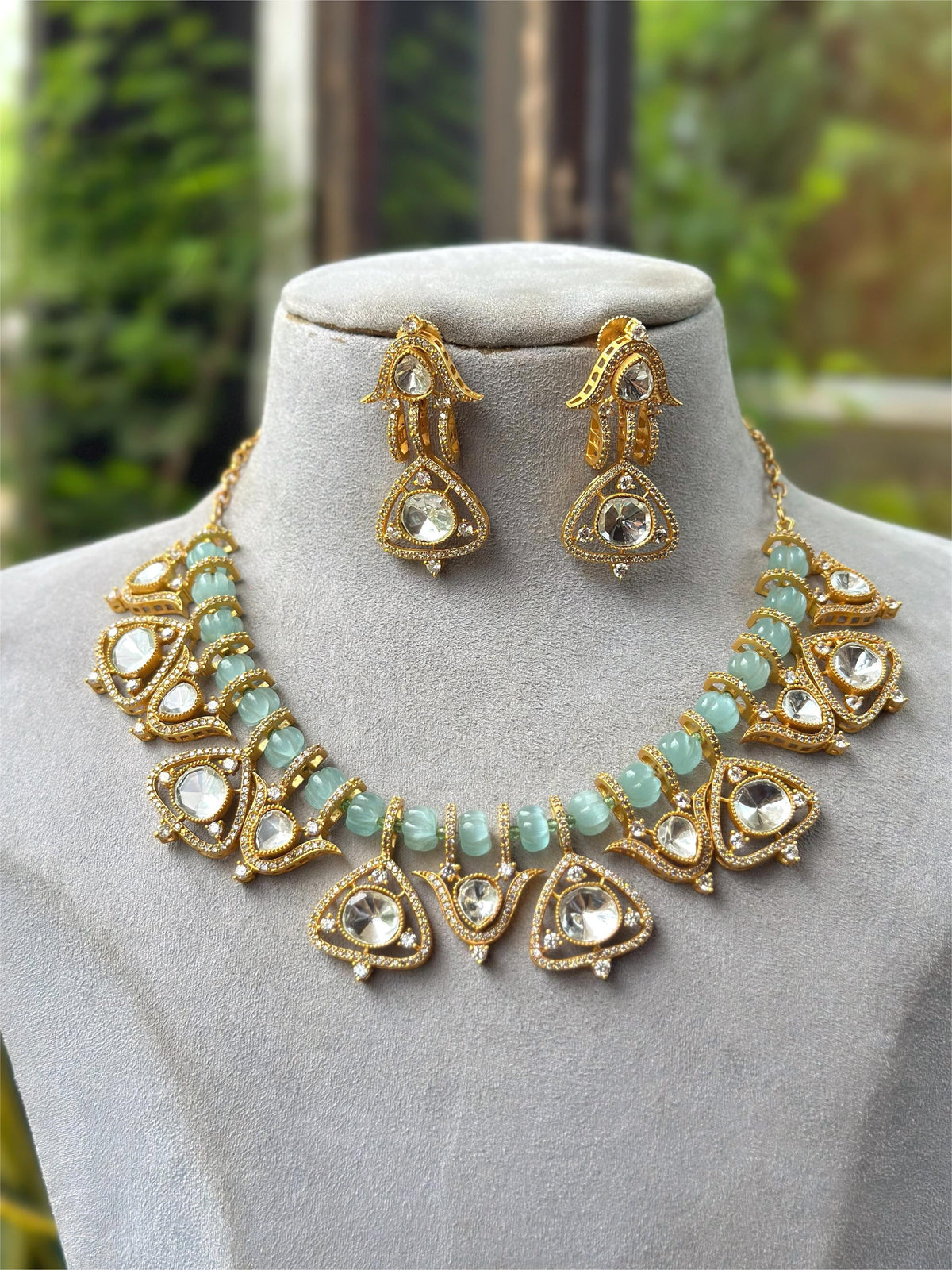 Bridal Green Beaded Kundan Necklace Set with Earrings | Traditional Indian Wedding Jewelry