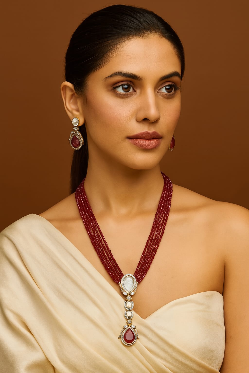 Royal Beaded Kundan Pendant Haar Set Bridal Long Necklace & Earrings, Indian Wedding Jewelry