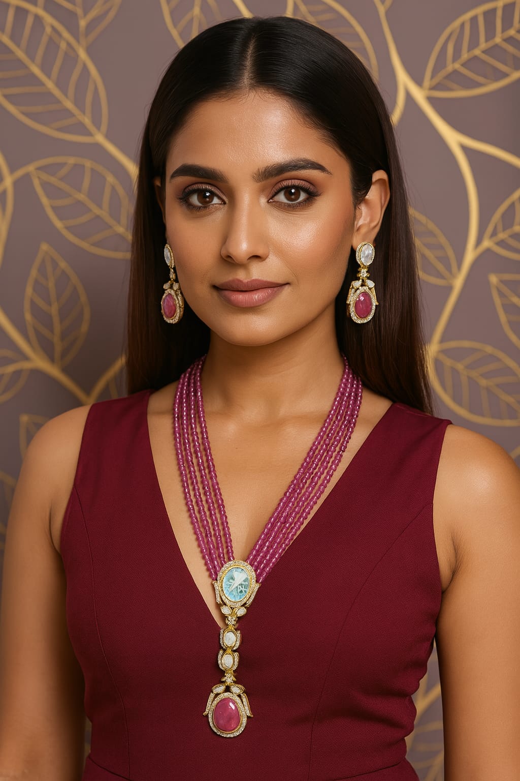 Royal Beaded Kundan Pendant Haar Set Bridal Long Necklace & Earrings, Indian Wedding Jewelry