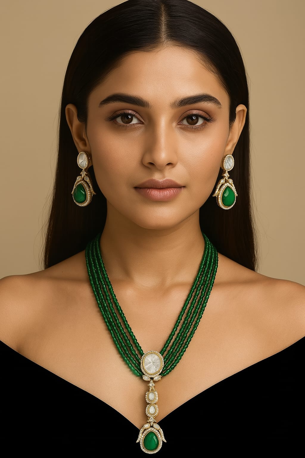 Royal Beaded Kundan Pendant Haar Set Bridal Long Necklace & Earrings, Indian Wedding Jewelry