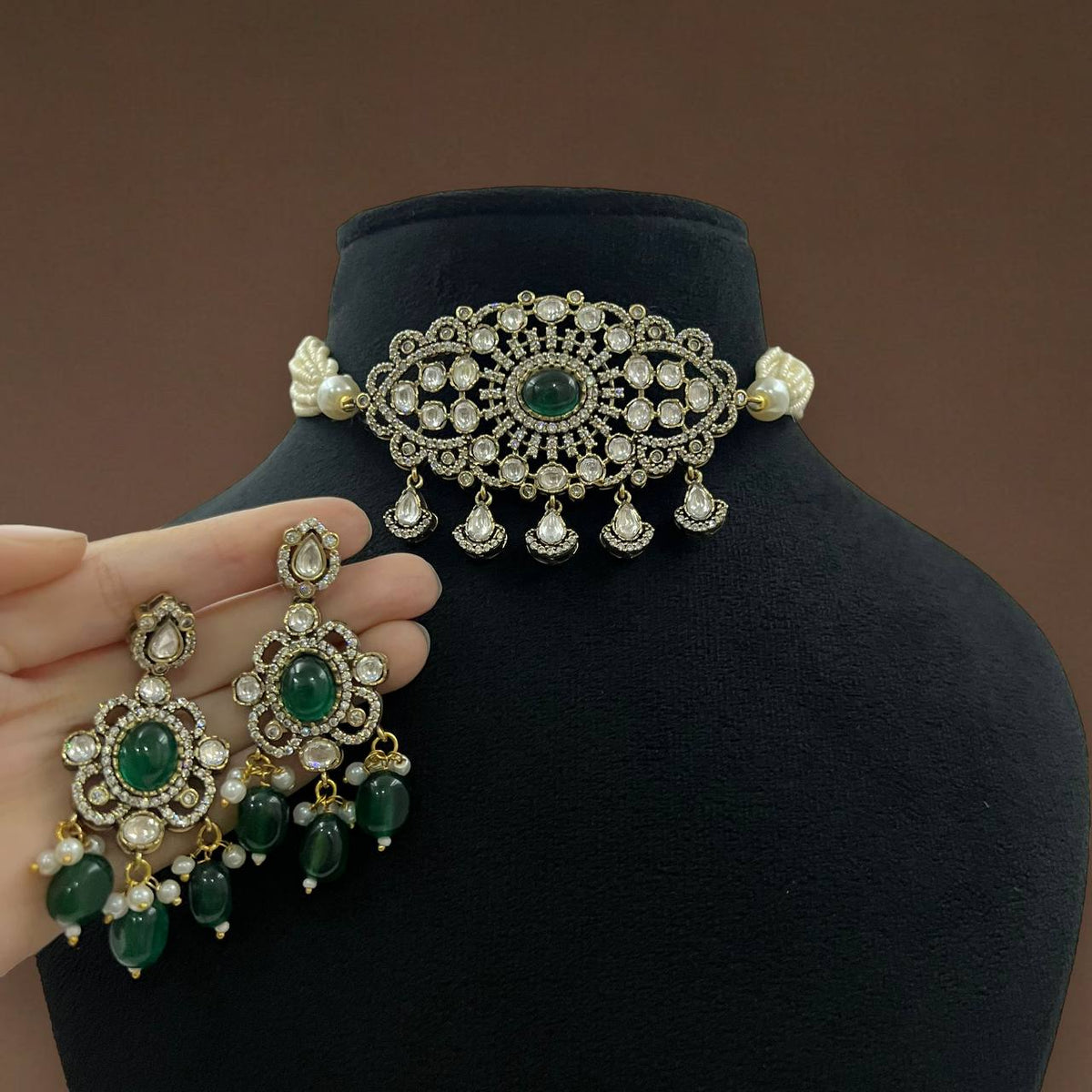 Kundan Choker Necklace Set with Pearl Drops & Earrings Bridal Jewelry Set Pakistani Necklace SetPolki Necklace