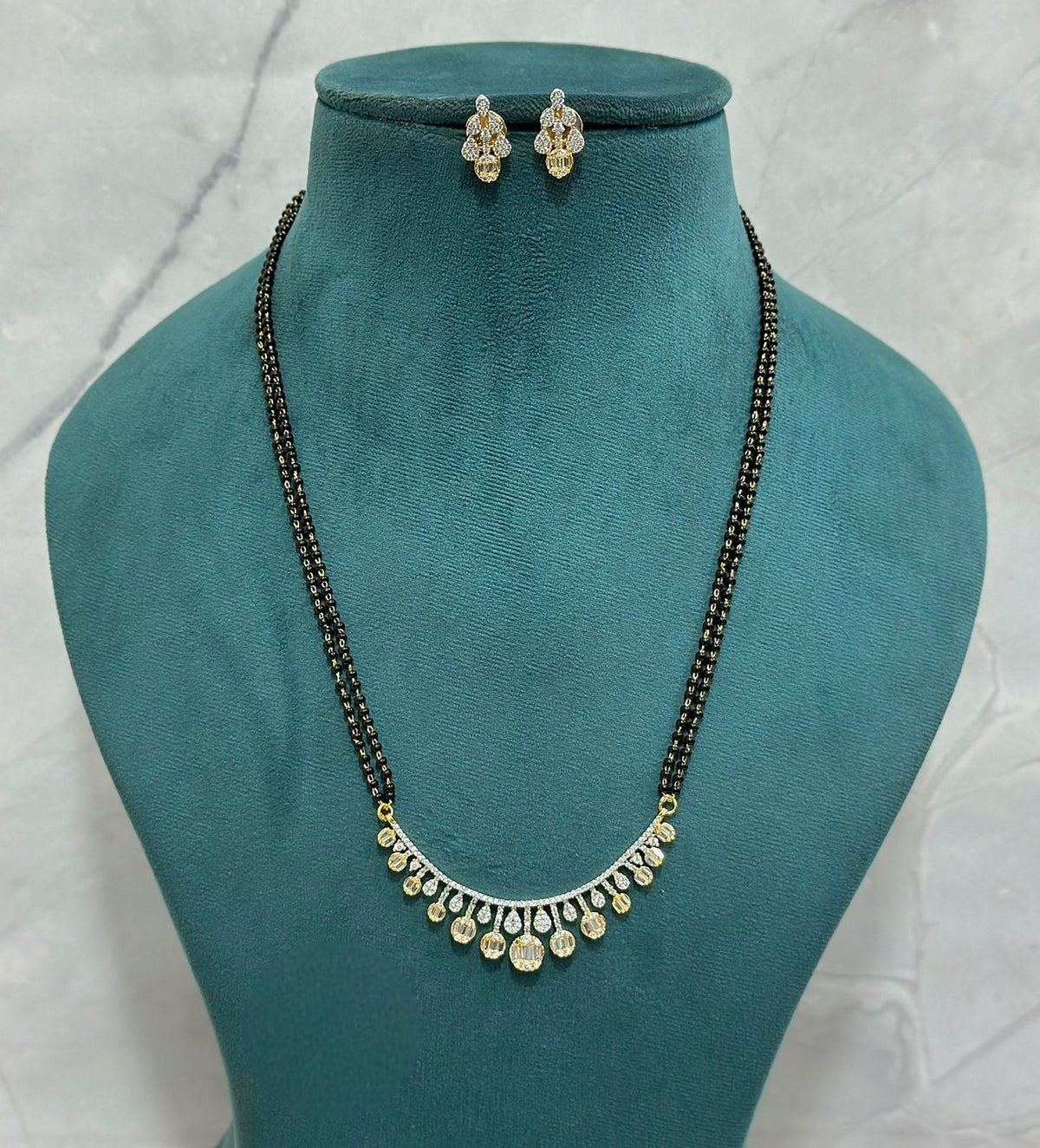CZ Drop Mangalsutra with Double Chain & Matching Earrings | Elegant CZ Indian Mangalsutra Set | Traditional Indian Jewellery
