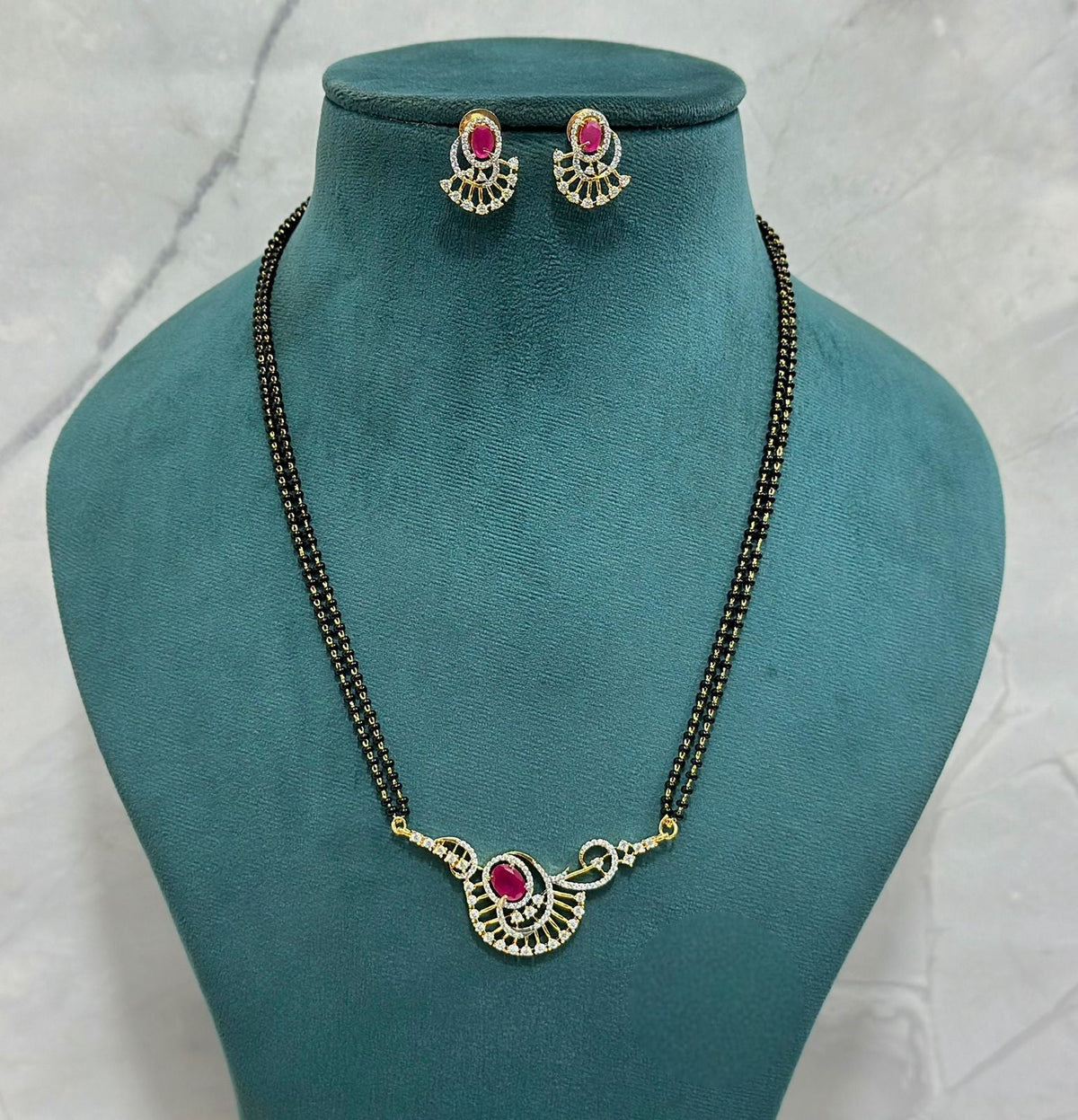 CZ Mangalsutra Set with Double Chain & Matching Earrings | Elegant CZ Indian Mangalsutra Set | Traditional Indian Jewellery