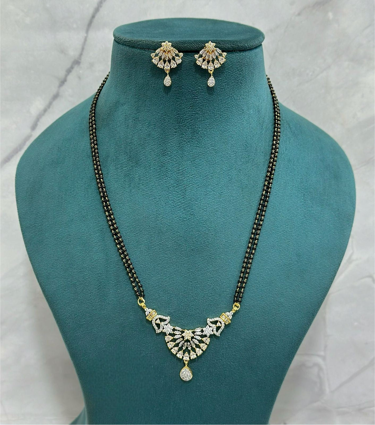 Peacock CZ Mangalsutra Set with Double Chain & Drop Earrings | Elegant CZ Indian Mangalsutra Set | Traditional Indian Jewellery