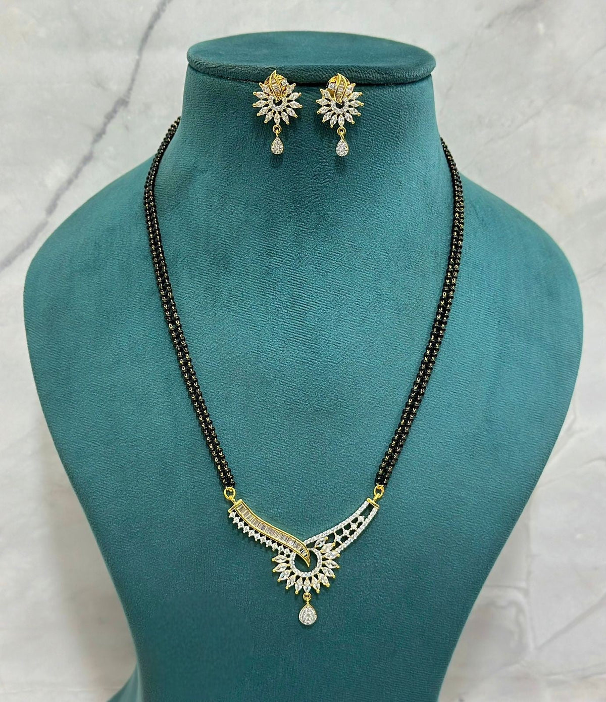 Sunburst CZ Mangalsutra Set with Contemporary Curve Pendant & Drop Earrings | Modern CZ Indian Mangalsutra Set | Traditional Indian Jewellery