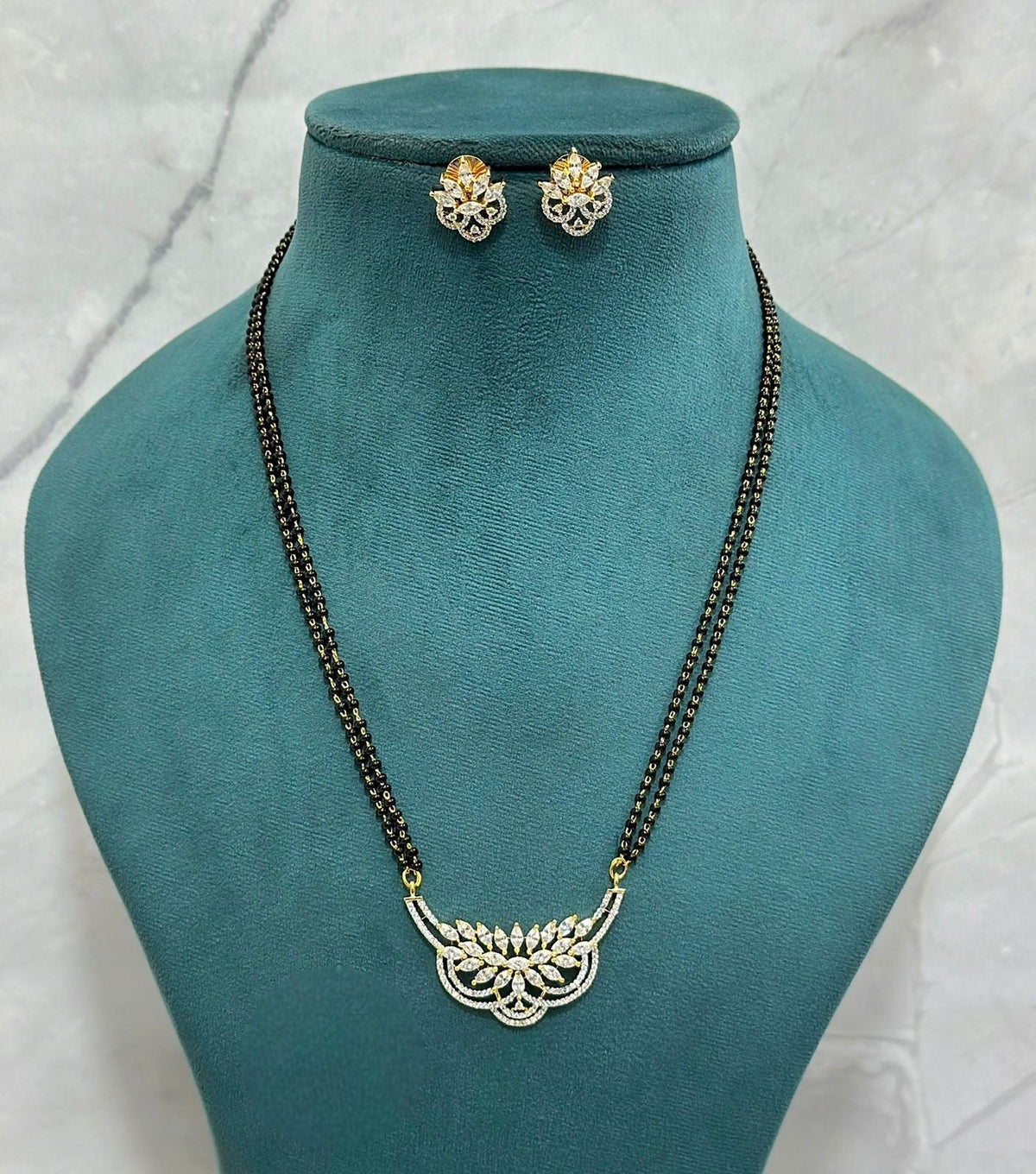 CZ Mangalsutra Set with Elegant Petal Design & Matching Stud Earrings | Stylish CZ Indian Mangalsutra Set | Traditional Indian Jewellery