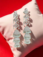 Triple Jhumka CZ Drop Earrings – Designer Tiered Danglers with Mint Green Accents