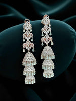 Triple Jhumka CZ Drop Earrings – Designer Tiered Danglers with Mint Green Accents