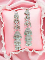 Triple Jhumka CZ Drop Earrings – Designer Tiered Danglers with Mint Green Accents