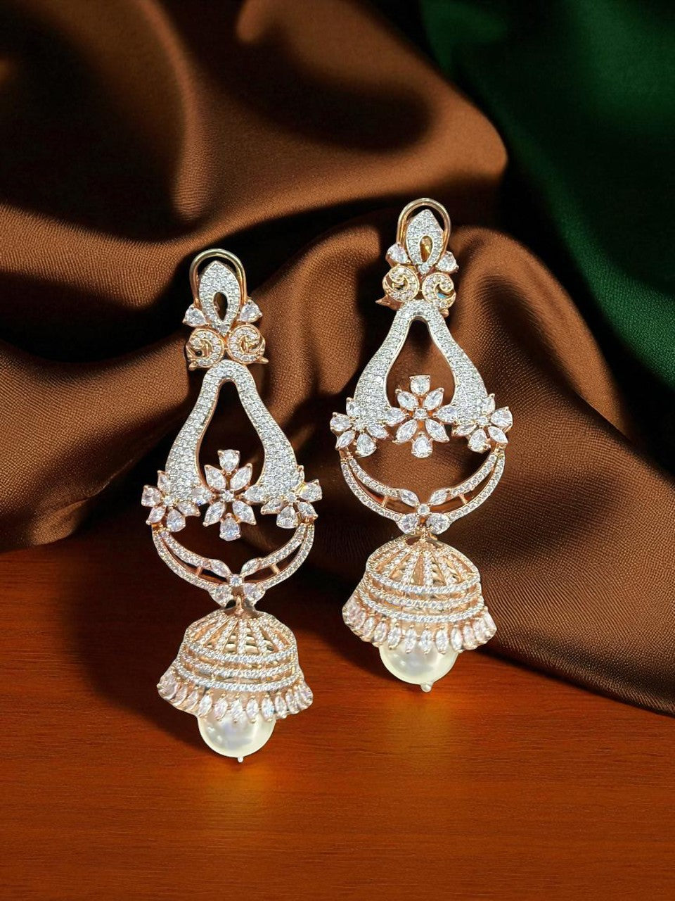 Floral CZ Jhumka Earrings with Pearl Drop Elegant Bridal Danglers in Silver Finish