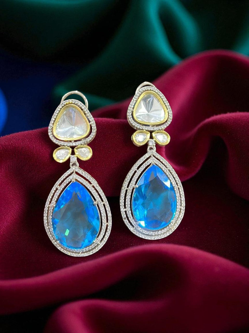 Royal Blue Teardrop Kundan Earrings – CZ Studded Statement Danglers with Gold Detailing