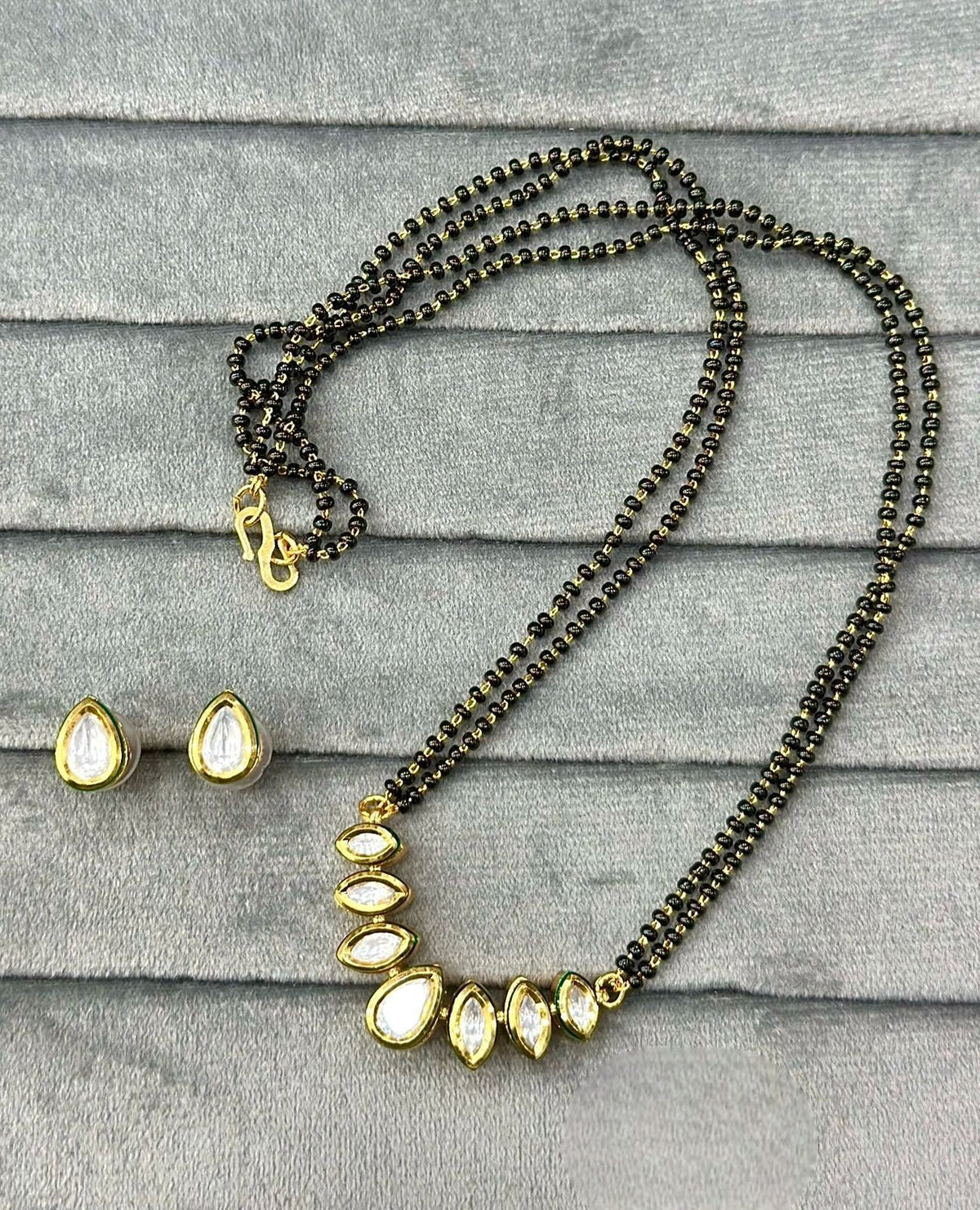 Kundan-Inspired Dual-Strand Mangalsutra Set with Teardrop CZ Stones & Earrings | Elegant CZ Indian Mangalsutra Set | Traditional Indian Jewellery