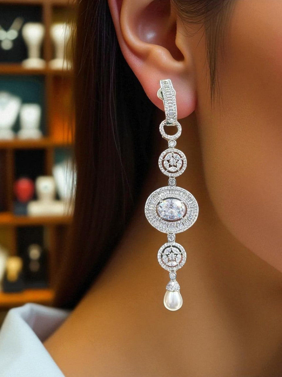 Crystal Oval Drop Earrings with Pearl – Elegant CZ Danglers for Modern Ethnic Looks