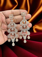 Art Deco CZ Statement Earrings – Multi-Layered Geometric Danglers in Silver Finish