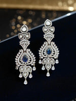 Blue Sapphire & Kundan CZ Earrings – Royal Teardrop Danglers with Antique Finish