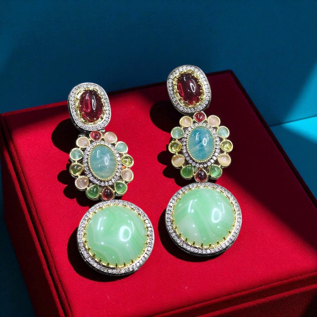 Multicolor Gemstone Dangler Earrings with Pink Stone Centerpiece Statement Handmade Jewelry