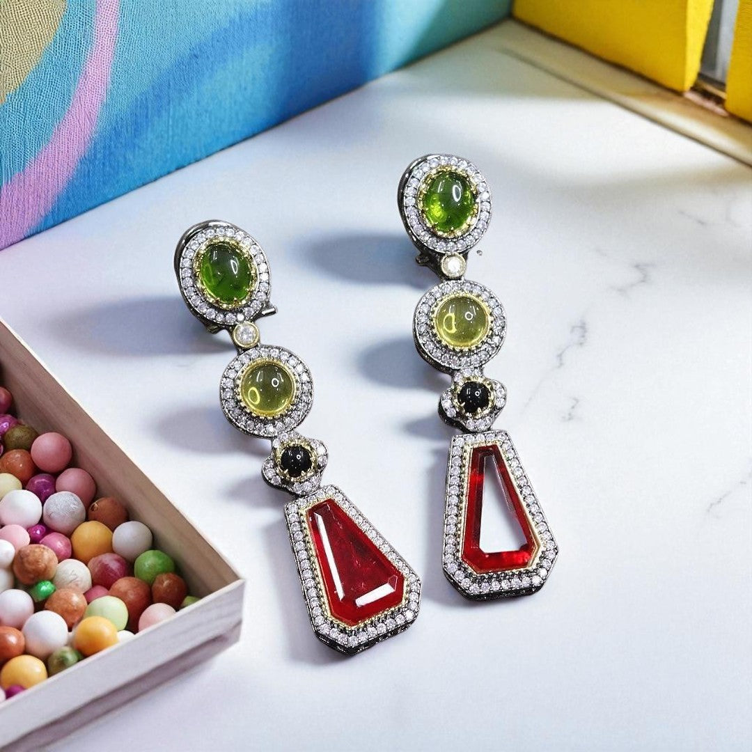 Bold Geometric Multi-Stone Drop Earrings Emerald Green, Champagne & Yellow Crystal Dangler