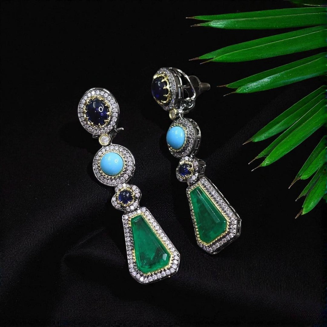 Bold Geometric Multi-Stone Drop Earrings Emerald Green, Champagne & Yellow Crystal Dangler