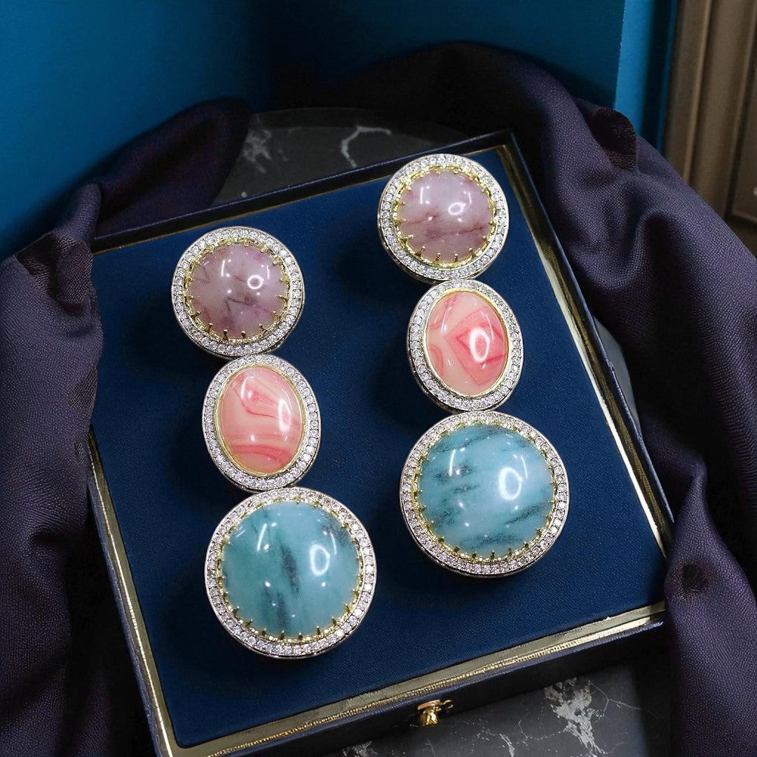 Elegant Triple Gemstone Drop Earrings Pink, Mauve & Aqua Blue Stone Danglers with CZ Accents
