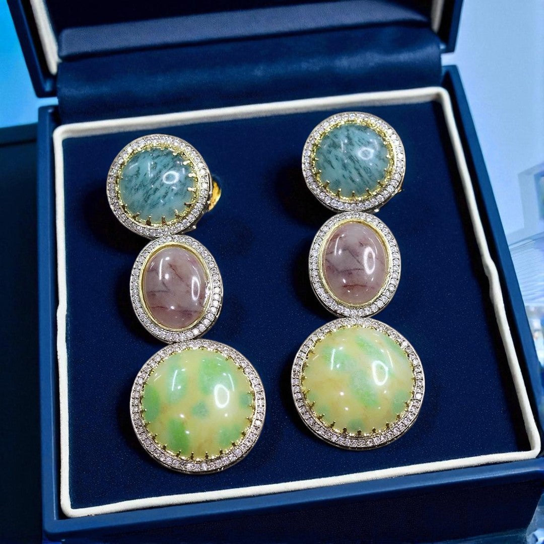 Elegant Triple Gemstone Drop Earrings Pink, Mauve & Aqua Blue Stone Danglers with CZ Accents
