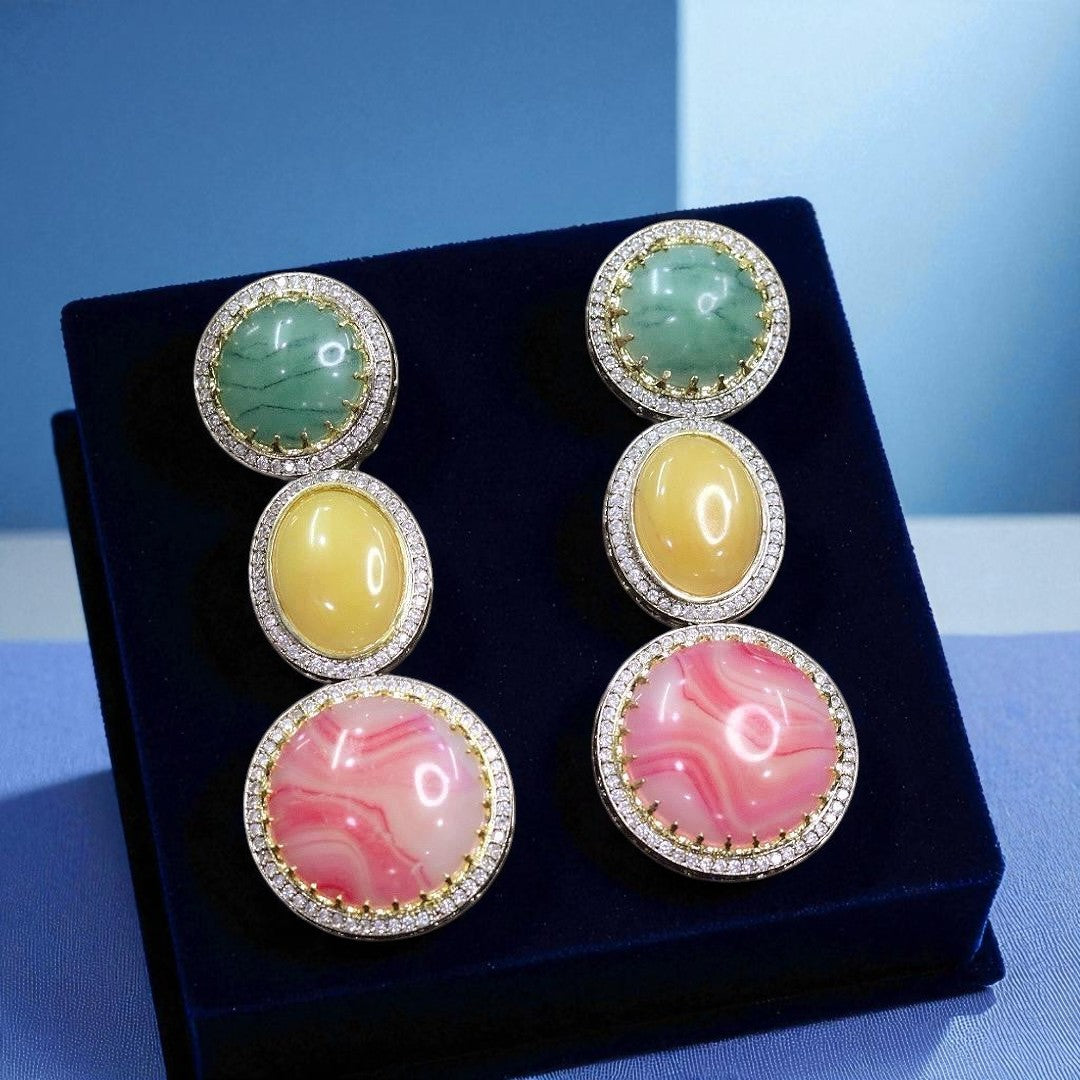 Elegant Triple Gemstone Drop Earrings Pink, Mauve & Aqua Blue Stone Danglers with CZ Accents
