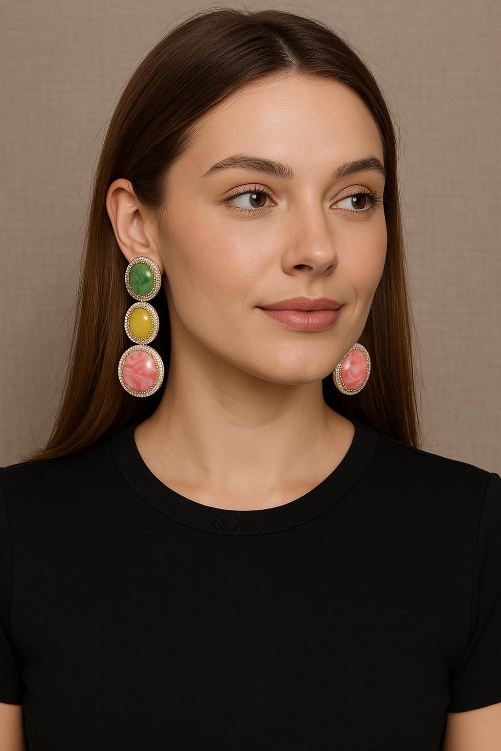 Elegant Triple Gemstone Drop Earrings Pink, Mauve & Aqua Blue Stone Danglers with CZ Accents